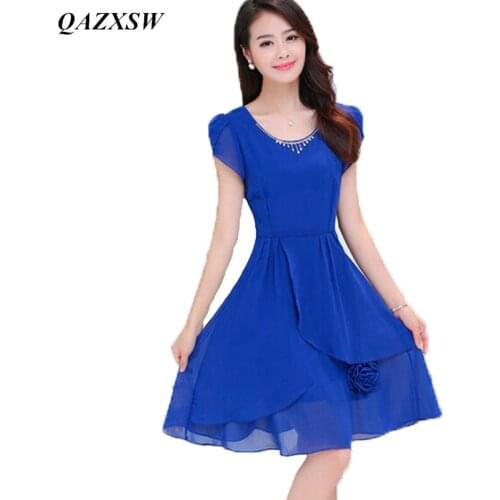 QAZXSW 2019 New Arrival Summer Solid Dress Women Chiffon Dresses Slim Female A-Line Dress Vestido O-Neck Feminino YX0080