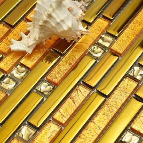 Luxury golden metal mixed glass mosaic tiles strip for dining room wall tiles kitchen backsplash bathroom shower