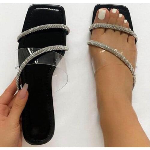 MCCKLE Women Slippers Square Toe Flat Sandals PU Leather Ladies Beach Shoes Narrow Band Transparent Female Flats Slides Summer