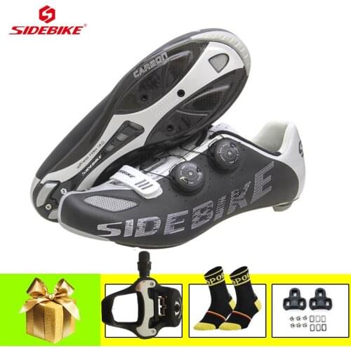 SIDEBIKE Black Carbon Road Cycling Shoes Bicycle Pedals Sapatilha Ciclismo Self-locking Ultra-light Shoes Riding Road Sneakers