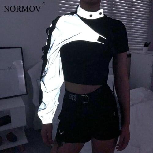 NORMOV Reflective One Shoulder Top Harajuku Punk Long Sleeve T-shirt Women Irregular Cargo Crop Top T Shirt Ladies Street