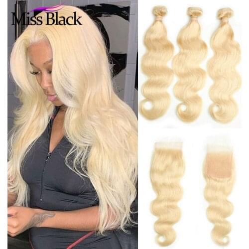 Miss Black Human Hair Bundles with 4x4 Closure Brazilian Machine Weave Lace Closure with 3 4 Bundles 613 Blonde Body Wave