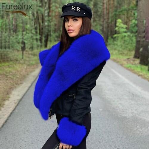 FUREALUX Real Fox Fur Denim Coat Natural Big Fox Fur Collar Fashion Warm Autumn Winter High Quality Womens Clothing 2021 New