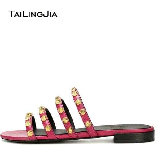 Women Black Giant Studded Sandals Studs Slides Red Beach Shoes Strappy Slippers Vacation Flats Mules Large Size Wholesale 2018