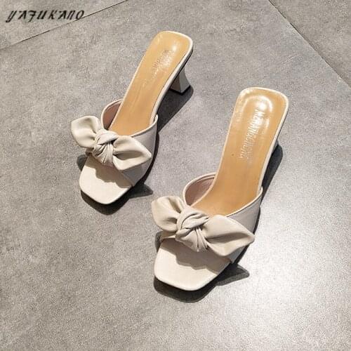 2021 Summer Square Toe Women Slippers Fashion Thick Heels High Heels Ladies Mules Elegant Female Outside Slides Bow-Knot Sandals