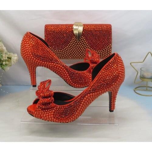 2021 New arrival Orange Crystal Women wedding shoes with matching bags Peep toe High Pumps fashion Open Toe shoes and Purse