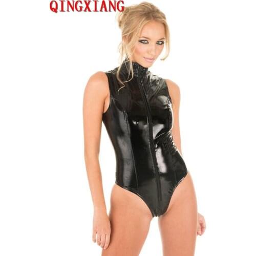 Plus Size Long Zipper To Crotch Sleeves Faux Leather Bodysuit High Neck PU Sexy Night Club Triangle Jumpsuit
