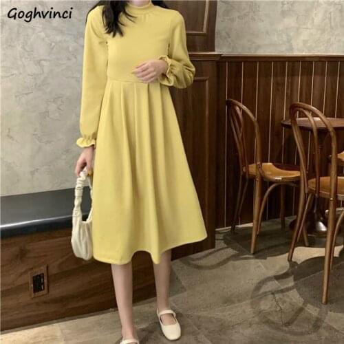Women Long Petal Sleeve Dress A-line Casual Solid Korean Style Elegant Simple Ulzzang Fashion Students Streetwear Comfortable