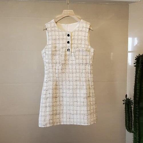 New Fashion Autumn Winter Women Plaid Tweed Slim A-Line Dress Elegant Ladies Sleeveless Woolen Vest Dress