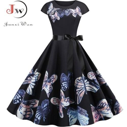 Vintage Summer Dress Women 2020 Fashion O-neck Black Floral Printed Swing Short Sleeve Elegant Party Rockabilly Dress A Line