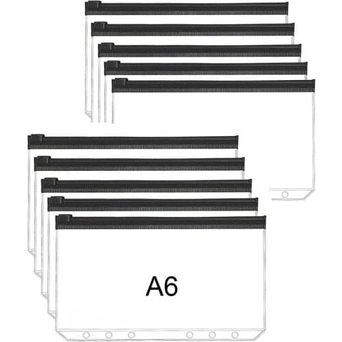 10pcs/Lot A6 Zipper Pouch Loose Leaf 6 Hole PVC Zip Folder for 6-Ring Binder Journal Budget Filing Pockets Waterproof Envelopes
