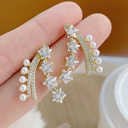 14k Real Gold Plated Jewelry Pearl Micro-inlaid Zircon Star Crystal Luxury Earrings for Woman Shine Holiday Party Daily Earring