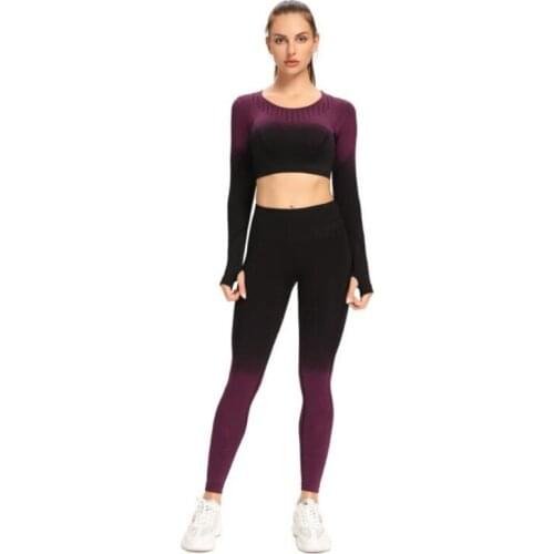 Seamless Women Sport Suit Yoga Set Gym Workout Clothes Gradient Long Sleeve Fitness Crop Top High Waist Squat Active Legings Set