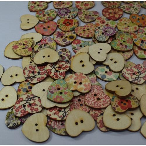 100PCS 25MM Decorative Buttons Wood Sewing Buttons Scrapbooking Pattern Printed Heart Mixed Sewing Scrapbooking Accessories