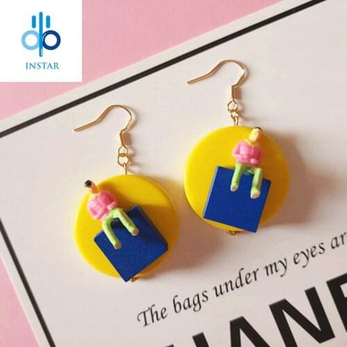 Contrast color wooden earrings mini villain candy color exaggerated earrings round Japanese and Korean ins explosion models