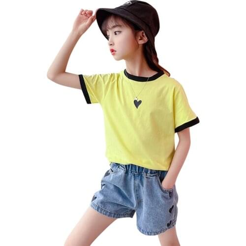 Kids Clothes Heart Tshirt + Denim Short Teenage Girls Clothing Patchwork Girl Outfit Summer Childrens Costume
