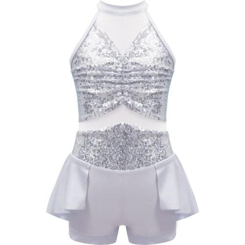 Kids Girls Ballet Dress Sequins Halter Sleeveless Backless Ballet Dance Gymnastics Leotard Jumpsuit For Jazz Dance Performance