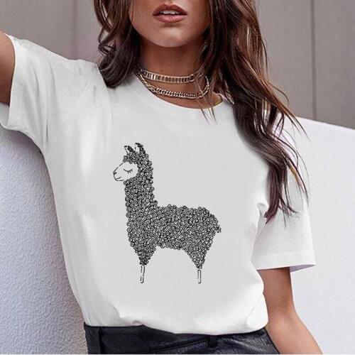 Alpaca Cartoon Printed T-Shirt Women Casual White Tops Casual T Shirt White T-Shirt Ladies Summer Casual T-Shirt Top Tees