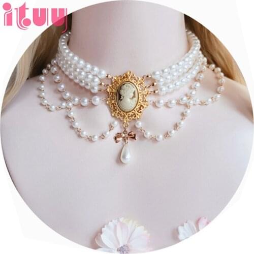 Virgin Mary Pendant Bownet Pearl KC Necklace Lolita Gothic Collarbone Chain Gorgeous Bride Wedding Necklace Accessories