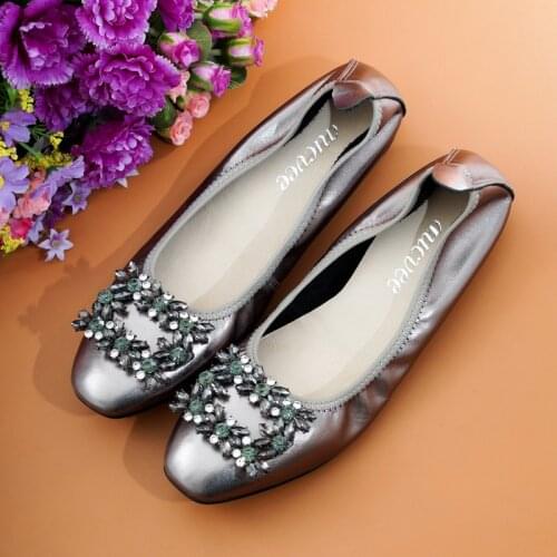 AUCVEE Large Size 35-43 Ladies Ballet Flats New Fashion Shallow Mouth Shoes Woman Loafers Slip On Crystal Buckle Female Footwear