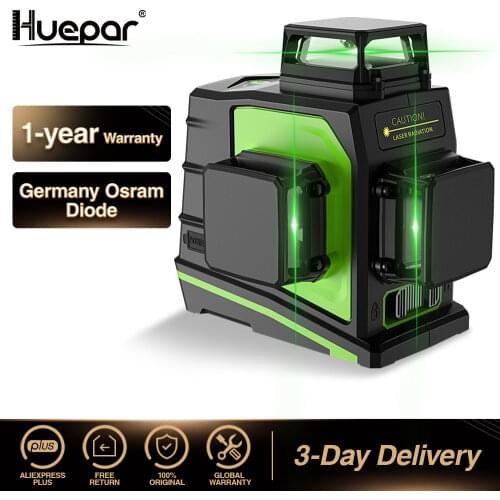 Huepar 3x360 Laser Level 3D Green Beam Self-leveling Cross Line Three-Plane Leveling Alignment Laser Tool USB Charging Port