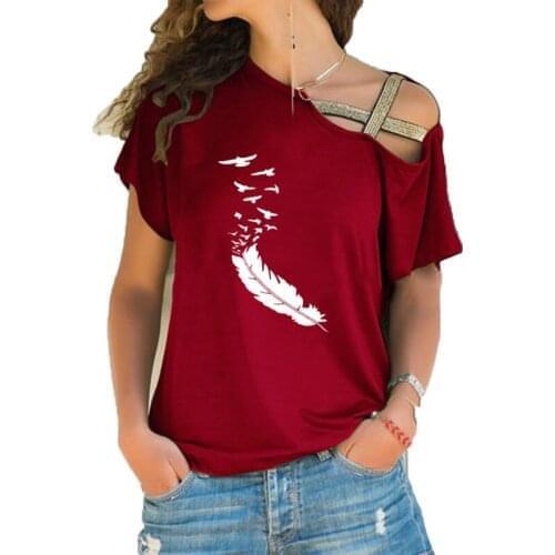 2020 New Feather Print Funny Teeshirt Women Short sleeve Summer Cool Clothes Loose Irregular Skew Cross Bandage Tops Tee
