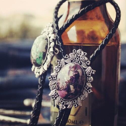 New Free Shipping fashion Mens male Geometric color block ancient silver rose retro western stone Polo tie Japanese art leather