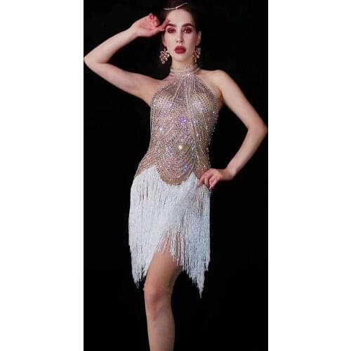 New Female Singer Shiny Rhinestones White Fringe Dress Stretch Tassel One-Piece Gogo Dancer Performance Stage Costumes DQL3362