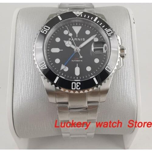 New Parnis 40mm black dial blue GMT luminous marks Black Ceramic Bezel sapphire glass automatic Mens Watch-PA89