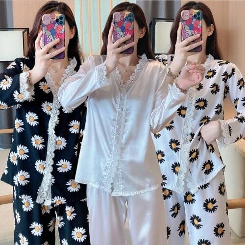 2021 Autumn Long Sleeve Silk Satin Print Pajama Sets for Women Korean V-neck Lace Sleepwear Pyjama Homewear Pijama Mujer Clothes