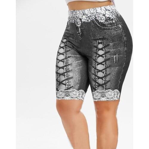 Plus Size Denim Shorts Women Lace Patchwork Bandage Print Bodycon Shorts Elastic Skinny Denim Shorts for Women Short Feminino