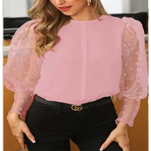 Chiffon Shirt Spring Summer Round Neck Retro Sexy New Shirt Top Womens Fashion Simple Shirts Top Polka Dot Long Sleeve Lantern