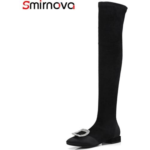 Smirnova 2018 NEW fashion over the knee boots stretch fabric+suede leather boots round toe square heels rhinestone women boots