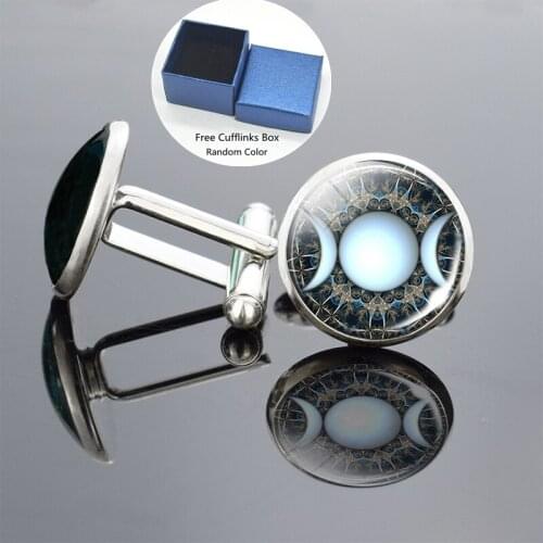 Triple Moon Goddess Wiccan Pentagram Suit Accessorie Glass Cuff Links Star Moonstone Jewelry Amulet Mens Wedding Cufflinks