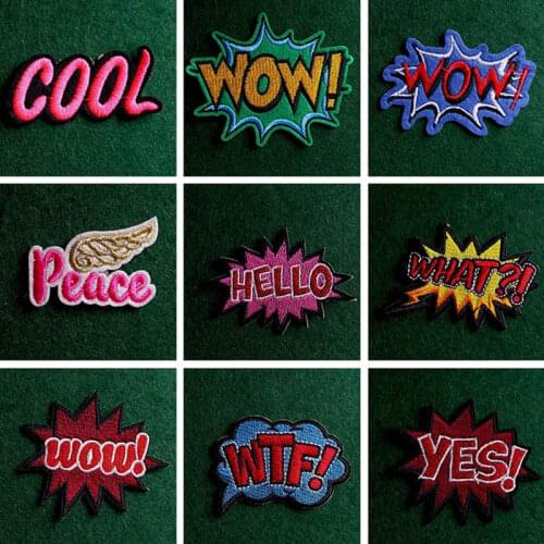 “WOW”Embroidered Patch For Clothing Cartoon Letter Patch Iron On Patches On Clothes Hippie Stripes Patches Appliques Stickers