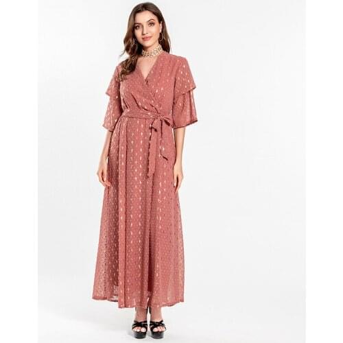 Muslim Summer Maxi Dress For Women Dubai Abaya Turkey Arabic V Neck Kaftan Long Dress 2021 New Islamic Ethnic Clothing
