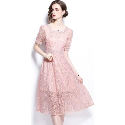Fashion Runway Summer Party Midi Dress Women V-Neck Lace Hollow Out Pink Leopard Sweet Holiday Dress Vestidos k6765