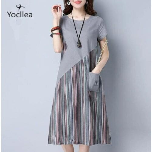 New Summer Loose Plus size Dress Office Lady Casual Striped patchwork Mid Long Dresses Short Sleeve A-Line dress women HY368