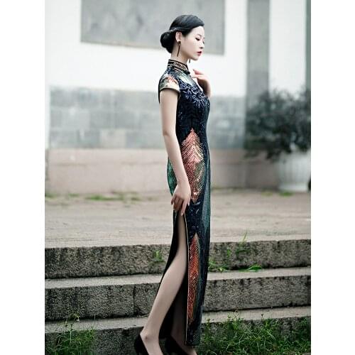 2020 New Fashion Sequins Evening Dress Embroidered High-slit China Formal Occasion For Women Short-Sleeve Long Cheongsam