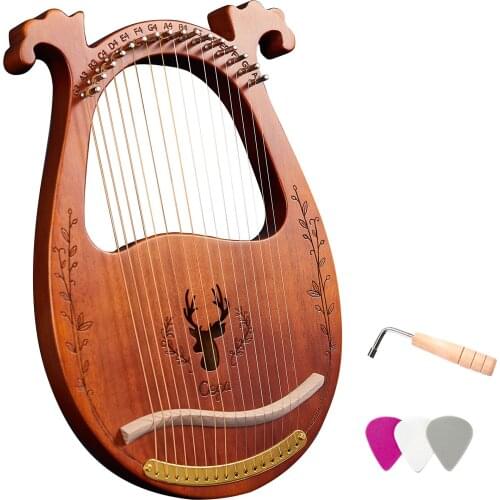 16-String Wooden Lyre Harp Resonance Box String Instrument with Tuning Wrench 3pcs Picks