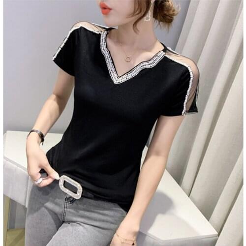 T Shirt Women 2021 Summer Tops Beading Gauze T-Shirt Female Short Sleeve Korean Fashion Tshirt Woman Clothes Tee Shirt Femme