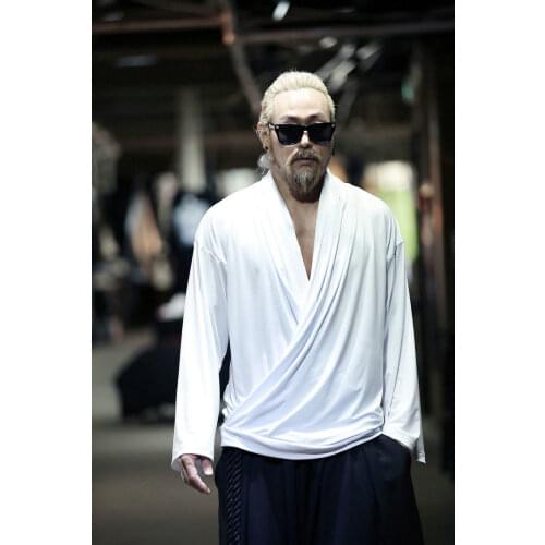 Korean Mens New Personality Solid Color V-neck T Shirt Jacket Asymmetrical Folds Loose Trend Fashion Long Sleeve Tops Coats