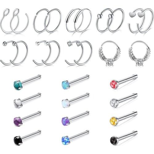 Stainless steel 20G 8mm nasal hoop 3mm marble stone 2mm CZ synthetic opal nose ring earrings 30 pieces of nasal perforation jew