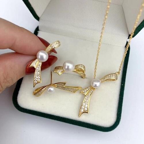 Bow Knot 925 Sterling Silver Necklace Ring Earrings Set Mountings Findings Jewelry Set Parts Fittings for Pearls Beads Stones