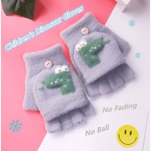 2-6 Years Old Children’s Half Finger Winter Gloves Kids Cute Dinosaur Cartoon Mittens Warm Soft Knitted Girls Boys Outdoor Sport
