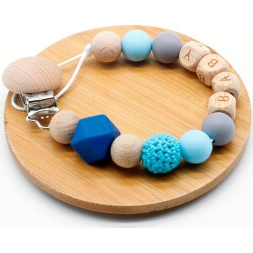 Personalized Name Silicone & Wood Pacifier Clip with Engraved Wood Letter, Soother Clips, Baby Shower Gifts, Attache Sucette