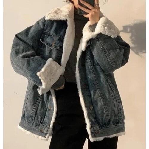 Casual Thick Warm Blue Winter Coat Women New Korean Style Autumn Lamb Wool Denim Jackets Snow Basic Female Coat