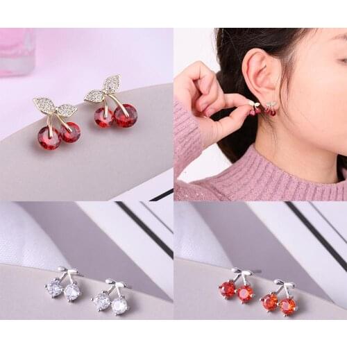 Fashion Jewelry Silver color Cute Cherry Earrings Crystal Zircon Stud Earring Wedding Party Earring For Women Girls Gifts