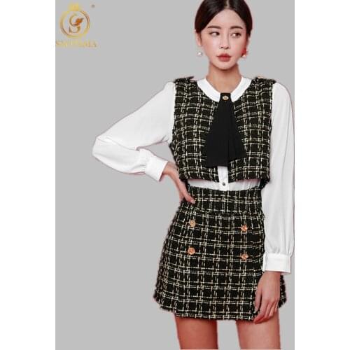 SMTHMA 2021 New Spring Women Long sleeve Tweed Patchwork Blouses 2 Pieces Set+High Waist Plaid Wool Tweed Skirt Sets