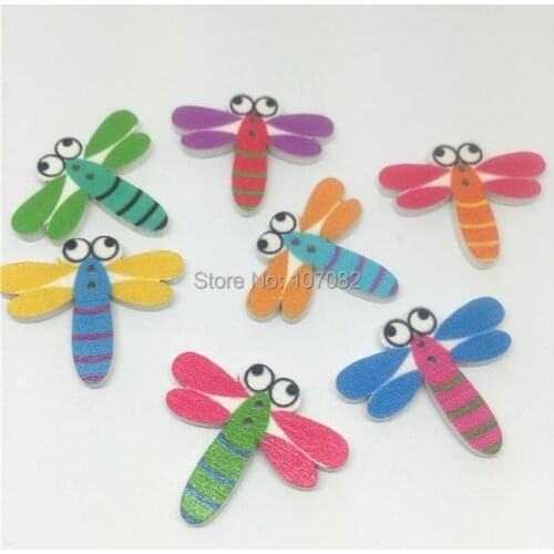 100pcs Mixed Dragonfly Buttons Wood 2 Holes Painted Cartoon Button for Scrapbooking Cardmaking Embellishments 25x30mm